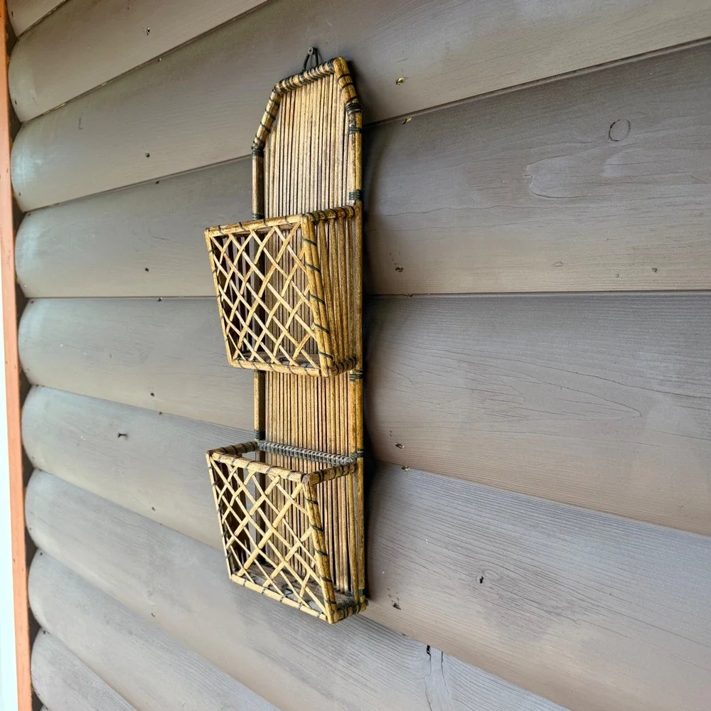 Vintage Bamboo Rattan Wall Pocket Organizer 2 Tier Mail Letter Holder Boho Decor